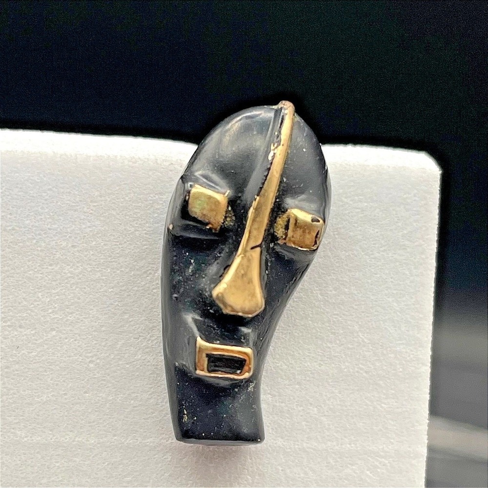 Vintage Tribal African Mask Black Gold Tone Tie Pin Lapel Tack Brooch 1 Inch